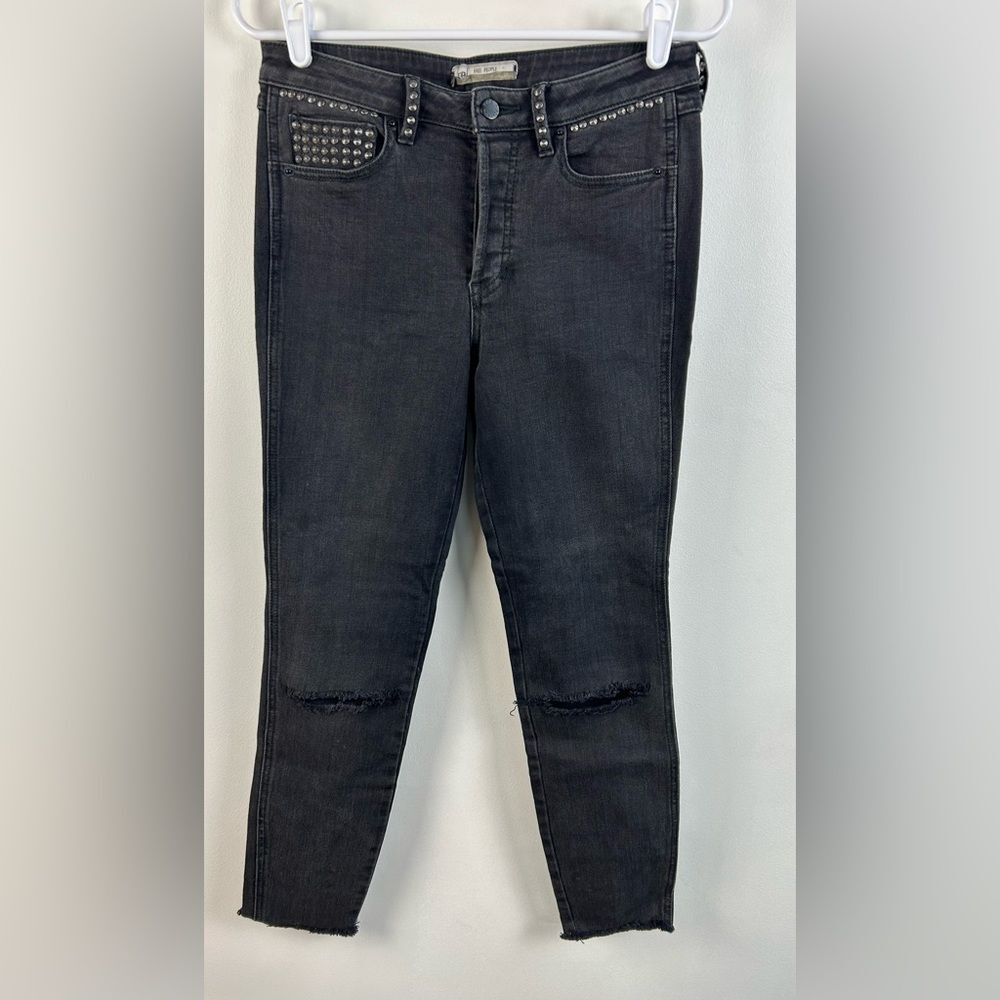 Free People Button Fly Studded Distressed Raw/Frayed Hem Black Jeans - Size 27